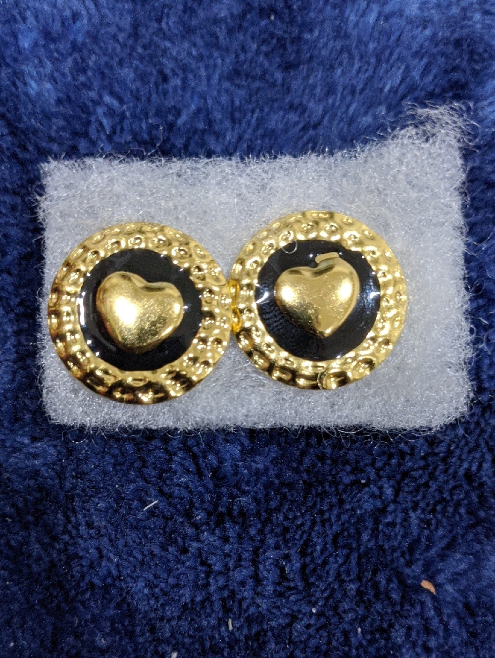 Gold Heart Button Earrings with Black Enamel Accents - Women Jewelry
